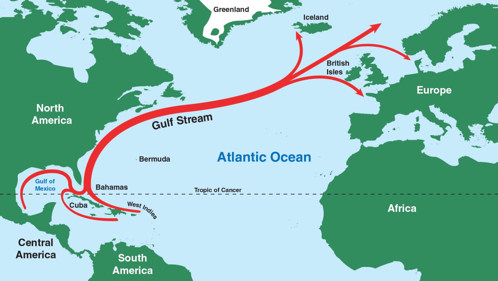 gulf stream - North America Gulf of Mexico Cuba Bahamas Gulf Stream Bermuda West Indies Central America South America Greenland Iceland Atlantic Ocean Tropic of Cancer British Isles Africa Europe